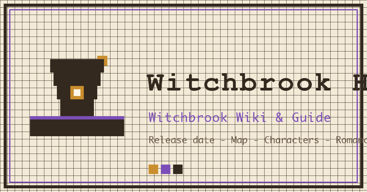 Pixel-art Witchbrook HQ banner with a witch hat against a starry purple sky